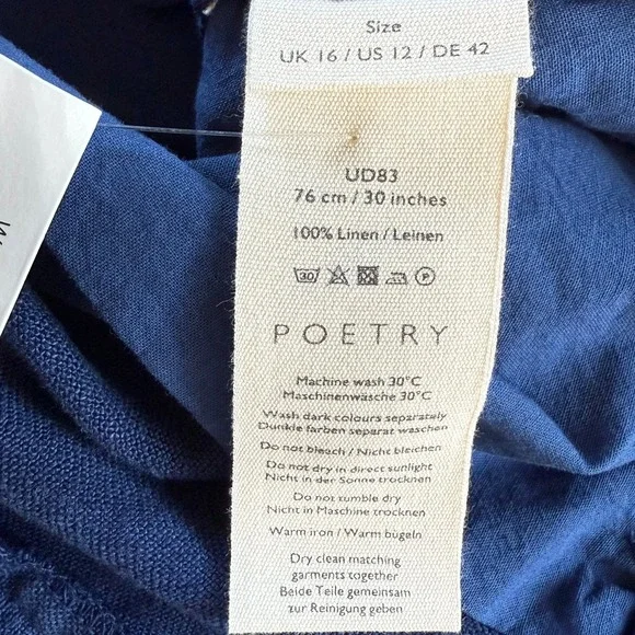 Poetry 100% Linen Pants Sz 12 Blue Wide Leg High Rise Topstitched Welt Pockets - Picture 7 of 11